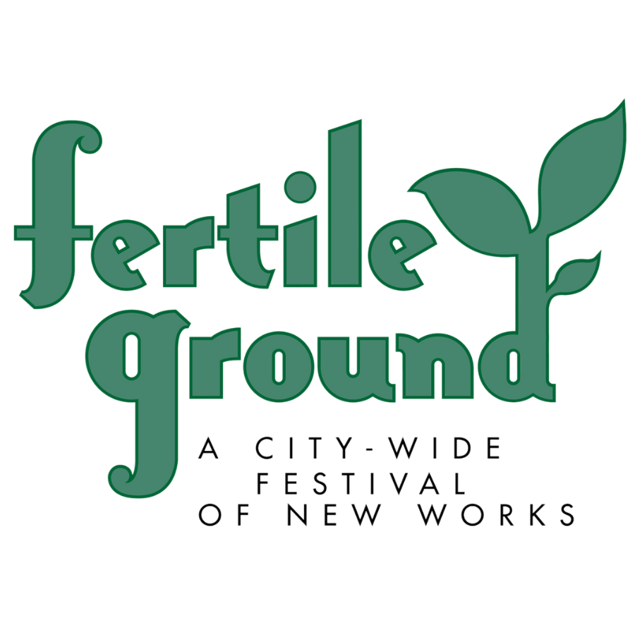 The Fertile Ground Festival Logo: the words "fertile ground" with three leaves sprouting out of the final letter. This version of the logo is a dark green with a pink border.